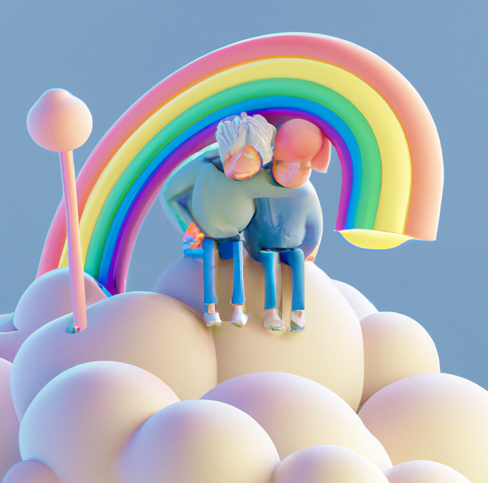 Two people sitting on a cloud and thinking