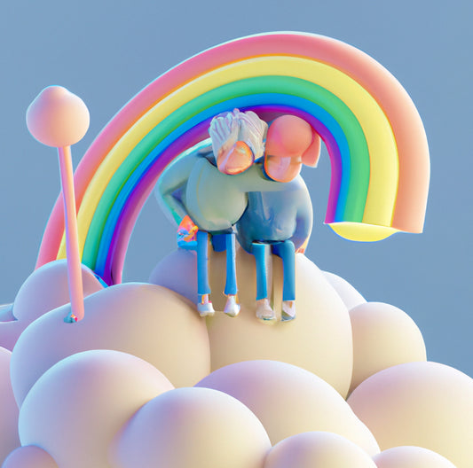 Two people sitting on a cloud and thinking